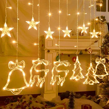 12 szt./kpl. Star Elk LED Light Curtain 220V Plug Fairy Christmas Garlands Outdoor Decor Indoor String Wedding Holiday Decoration