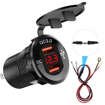12V/24V Metal Wodoodporny Dual QC3.0 USB Fast Car Charger, Power Outlet woltomierz