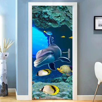 2 szt./kpl. samoprzylepny drzwi naklejka 3D Delfin tapety sypialnia dla dzieci toaletowy drzwi naklejka PVC wodoodporny wystrój domu mural 3D