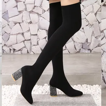 2018 stretch tkanina nad kolanem buty Damskie sexy kwadratowy nosek uda wysokie buty damskie czarne buty na wysokim obcasie szpilki buty WB-1394