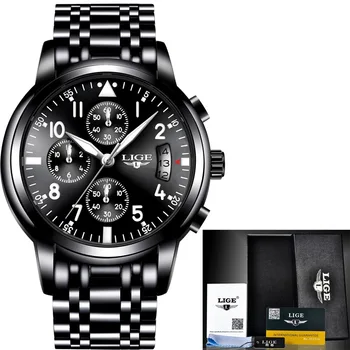 2019 męskie zegarki top marki moda chronograf LIGE czarny zegarek kwarcowy zegarek ze stali nierdzewnej Automatyczne data zegar Relogio Masculino