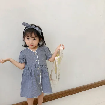 2019 Wiosna nowy przyjazdowy koreański styl bawełna kratę z krótkim rękawem sukienka z opaską dla miłych słodkich dziewczynek