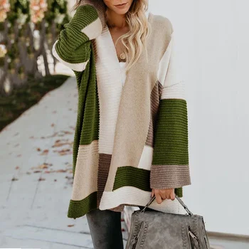 2020 damski sweter z dzianiny geometryczna linia vintage długi damski sweter ciepła jesień zima luźny sweter płaszcz DR2253