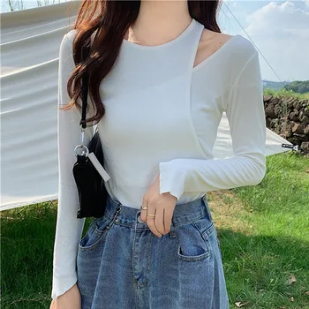 2020 jesień Slim-Fit z otwartymi ramionami fałszywe każda t-shirty z długim rękawem stałe bawełniane t-shirty koreańskiej odzież damska topy tunika 10940