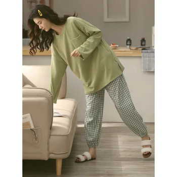 2020 nowy zielone światło miękkie bawełniane dziewczyny piżamy bawełniane z długim rękawem strona ubrania dla kobiet Casual luźna piżama