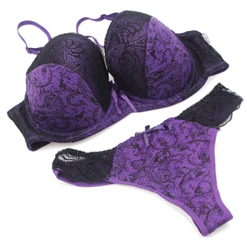 2020 Plus Size Women E Cup Black Purple Underwear Set śliczne piękne kwiaty Koronki biustonosz Sexy VS Push Up Bra Biustonosz + majtki