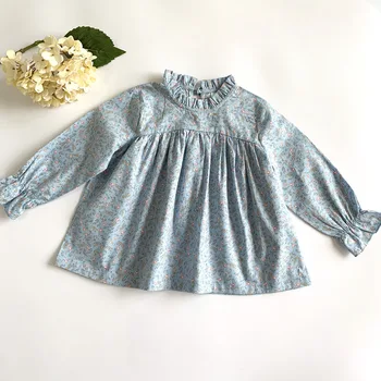 2020 Wiosenna moda kwiat kwiatowy koszule z długim rękawem niebieski kwiat drukowane dziewczynek bluzka koszula 90-140 cm DT004