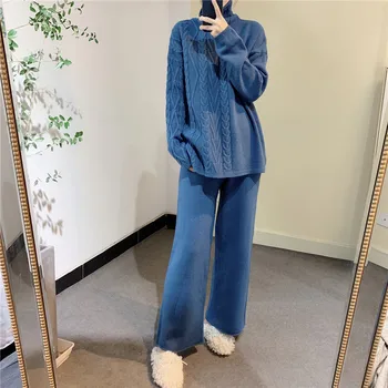 2020 wiosna nowych kobiet koreański sweter strój Luźny golf sweter w szerokie spodnie z dzianiny zestawy z dwóch części twardy miękki dres
