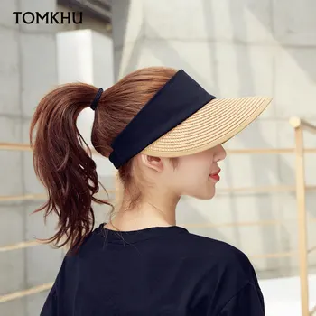 2020 wysokiej jakości Nowy, łatwy letni słoma osłona przeciwsłoneczna kobiety Backable osłona przeciwsłoneczna kapelusz z dużymi głowami szerokim rondem UV ochrona Damska czapka