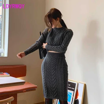2021 koreańska wersja temperamentu конопляный wzór wąski, krótki sweter + torba hip cienka spódnica zestaw sweter do kolan biurowe Lady
