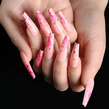 24 szt./karton grób sztuczne paznokcie z wzorem mięsa w proszku pomalowane złotym łukiem manicure patch albo delikatnej pełne pokrycie paznokci porady