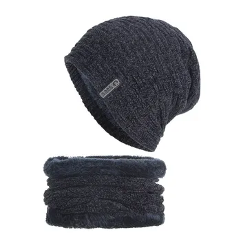 2PCs Men Cap Scarf Winter Set Solid Knit Beanie Cap Plus Velvet Thick Warm Scarf czapka i komin tricotin czapka снуд dziewczyna #E