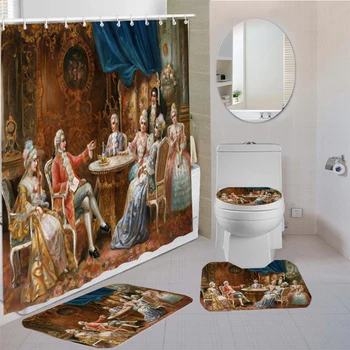3d olej malarstwo kąt i charakter zasłony prysznicowe kurtyna łazienki pokrywa sedesowa pokrywa wanny, dywany 4 szt retro luksusowy zestaw do kąpieli