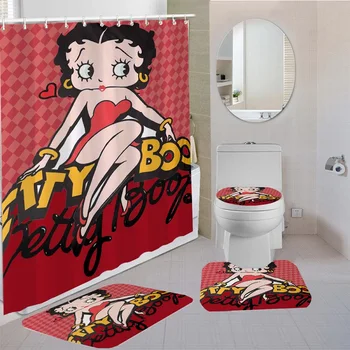 4 szt zasłony Betty Boop prysznicem kurtyna drukowanie 3D Pad wytrzymała tkanina łazienka dla dzieci, płaszcze zestawy toaleta pokrywa mata do łazienki