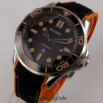 41 mm NH35 Bliger automatyczne męskie zegarek wyświetlacz daty Miyota8215 czarna tarcza szafirowe szkło, pasek gumowy pierścień ceramiczny