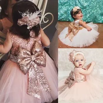 6M-10Y Toddler Dziecko Kid Girls Princess Dress Lace Bow Sequins Wedding Party Dresses Christening 1st Birthday Dress