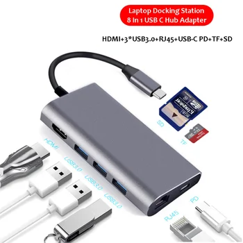 8 w 1 USB C Hub Adapter Splitter to USB 3.0, HDMI, RJ45 Gigabit SD TF PD dla Macbook HP Huawei Compatible Thunderbolt 3