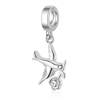 925 srebro ładny ptak z różowym urok zwierząt naszyjnik koraliki Fit Europejski bransoletka dla kobiet Diy biżuteria prezent