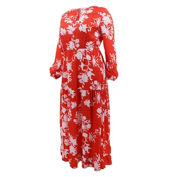 Afrykańskie kobiety plus size sukienka z długim rękawem czerwony kwiatowy print casual ogromny jesień jesień vestidos panie długość podłogi sukienki maxi