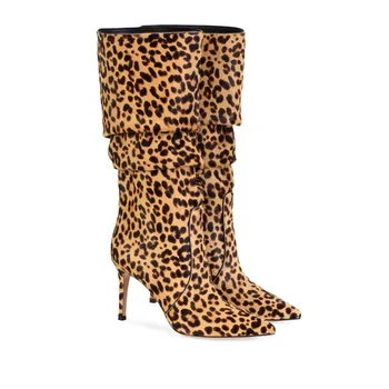 Aiyoway Damskie buty do kolan końskie włosy leopard wzór wysokie obcasy damskie szpiczasty nosek slouchy zimowe buty brązowy USA rozmiar 5-13