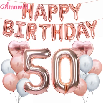 Amawill Rose Gold Adult 50th Happy Birthday Foil Balloon Birthday Party Decorations 50 Years Old Anniversary Supplies