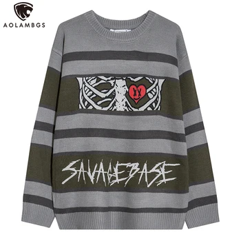 Aolamegs Sweter Mężczyźni Horror Kości Paski Wydruku Sweter Meble Odzież Mężczyźni Harajuku Hip-Hop High Street Moda Odzież Męska Jesień
