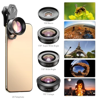 APEXEL Mobile Lens 5 in 1 HD, szerokokątny obiektyw teleskopu rybie oko obiektyw zoom dla smartfonów iPhone X XS Max Samsung s9 plus