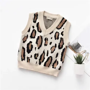 Baby Boys Girls Fashion Leopard, kamizelka od 2 do 6 lat dziecko dzieci jesień zima ciepłe bawełniane V-neck sweter topy