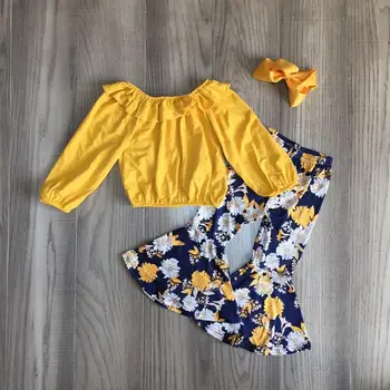 Baby Girl clothes dziewczyny kwiatowe stroje kwiatowy jednolity żółty top z расклешенным dno kwiatowe spodnie dziewczyny jesień/zima zestaw z kokardą