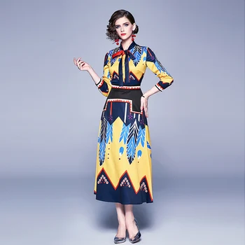Banulin 2019 moda lądowisko jesienna sukienka damska z długim rękawem łuk szyi wielokolorowy kwiatowy print midi elegancka sukienka vintage