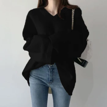 Biały V-neck sweter jesień 2020 kobiety koreański leniwy klusek spadek ramię strój czarny sweter