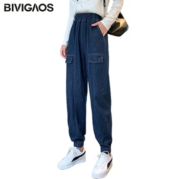 BIVIGAOS 2020 nowy trend dżinsy z wysokim stanem kobiet koreańskich temat spodnie-cargo jeans pas elastyczny pas denim spodnie wiosna jesień