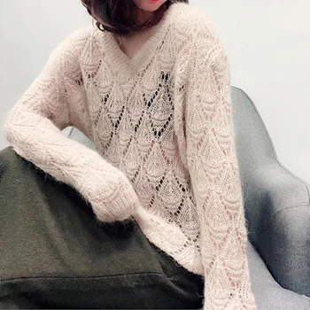 Blusas Mujer de moda 2020 wiosna jesień V-neck sexy styl puste sweter damski luźny sweter sweterek koreański sweter 662C