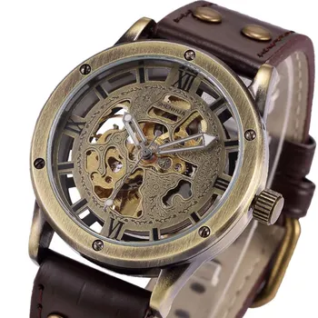 Brązowe automatyczne męskie mechaniczne zegarek Top Brand Luxury Skeleton Self-wind zegarek męskie zegarki prezent dla mężczyzny Relogio Masculino
