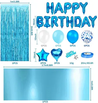 Błękitne dekoracje urodzinowe dla chłopców, baner z Okazji Urodzin, folia frędzle kurtyna obrus, serce, gwiazda konfetti balony z 10 g