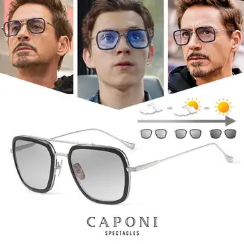 CAPONI męskie kwadratowe okulary fotochromowe Tony Stark / Iron Man Vintage Eyewear spolaryzowane modne odcienie dla kobiet UV400 BS6618