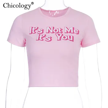 Chicology różowy bawełna List do druku koszulka sexy corp top z krótkim rękawem śliczne koszulki kobiety 2019 jesień zima odzież uliczna