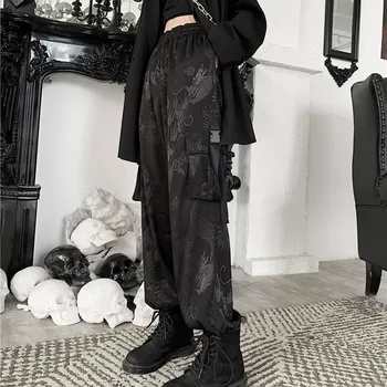 Ciemna Moda Estetyczne Spodnie Kobiety Mężczyźni Smok Elastyczny Pas Proste Spodnie Koreańskie Pary Odzież Gotycka Odzież Uliczna