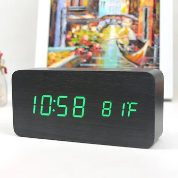 Cyfrowy budzik nowoczesny styl temperatura dźwięki zarządzania kalendarz biuro w domu drewniany zegar wyświetlacz led elektroniczny zegarek na biurko