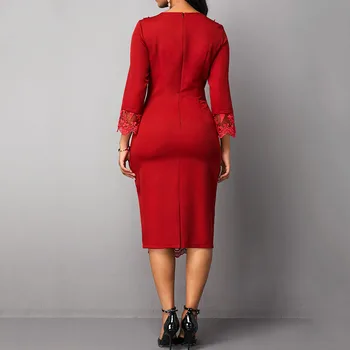 Czerwony Plus Size Sukienka Z Wycięciem 3/4 Rękawy Koronki Wysokiej Szyi Długość Do Kolan Ślub Formalny Klub Nocny Sukienka