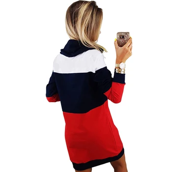 Damska Zimowa Golf Z Długim Rękawem Z Kapturem Plus Rozmiar 2019 Jesienna Paski Kolorowa Bluza Sukienka Bluza Sukienka