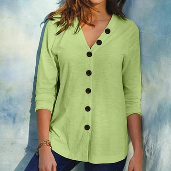 Damski nowy styl popularny w jednolitym kolorze przycisk V-neck modna koszula damska bluzka z długim rękawem bluzka koszula dorywczo szczyty plus size