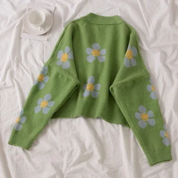 Damski sweter kwiaty dzianiny kurtka wolny V-dekolt w kształcie wiosna i jesień sweter sweter damska koszula z krótkim styl college