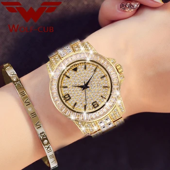 Damski zegarek na urodziny Baguette Diamond Watch Luxury Brand 18K Gold 3BAR wodoodporny zegarek Kwarcowy WOLF-CUB