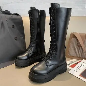 Damskie buty bojowe Antumn 2020 damska wysoka platforma gotycki buty czarne skórzane buty zasznurować buty Damskie do kolan