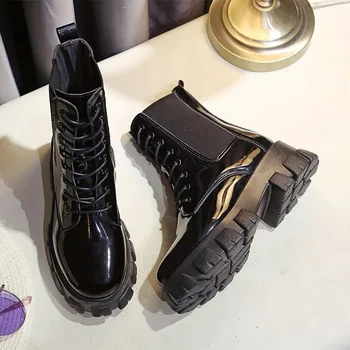 Damskie buty lakierowana skóra botki Jesień Zima gruba dolna platforma koronki moda kobieta nowy 2020 Buty damskie