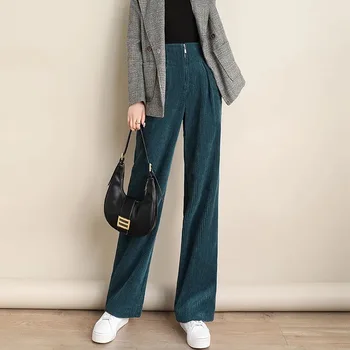 Damskie sztruks i szerokie długie spodnie casual z wysokim stanem koreański styl gładkie damskie proste spodnie eleganckie cienkie duże rozmiary spodnie pr