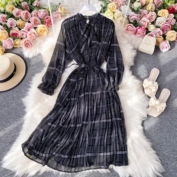 Dolne szyfonowa czarna sukienka kobiety 2020 jesień nowy elegancki retro kwiatowy print długa midi plis kobiety pełne trapezowe odzież