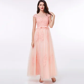 Dressv różowe długa suknia wieczorowa tanie aplikacje z okrągłym dekoltem poprawiny sukienka kształt trapezowy, suknie wieczorowe