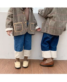 Dzieci dziewczęta i chłopcy patchwork bawełnianej codzienne bezpośrednie temat kowbojskie modne dżinsy dziecko dzieci jeansowe spodnie na jesień 2020 roku